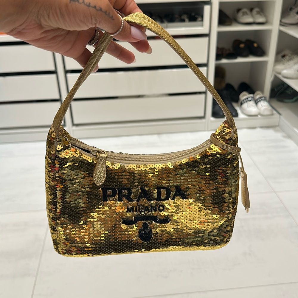Prada Paillettes Gold Sequin Mini Re-Edition 2000 Bag